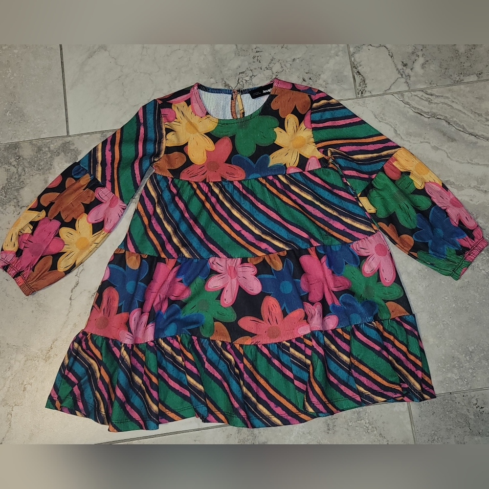 Desigual Colorful Floral Print Long Sleeve Girls Babydoll Dress Sz 5/6